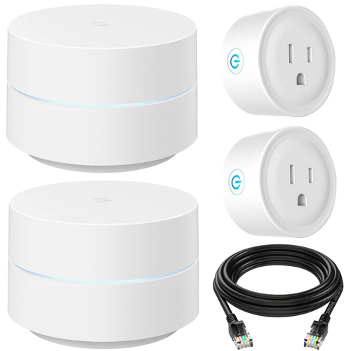 Google Wifi Mesh Network Router Point 2 Pack Bundle + Smart Plugs Cable Kit