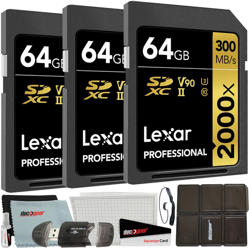 Lexar Pack of 3 Professional 2000x 64GB (192GB Total) SDXC UHS-II Memory Cards Bundle