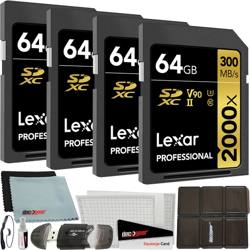 Lexar Pack of 4 Professional 2000x 64GB (256GB Total) SDXC UHS-II Memory Cards Bundle