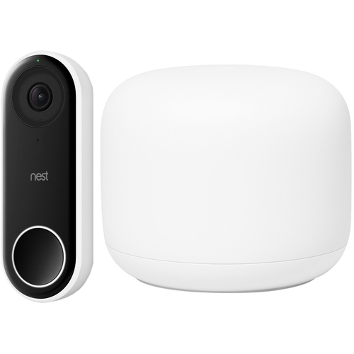 Google Nest Hello Smart Wi-Fi Video Doorbell with Night Vision (White) + Google Nest 2nd Gen Mesh WiFi Router (GA00595-US)
