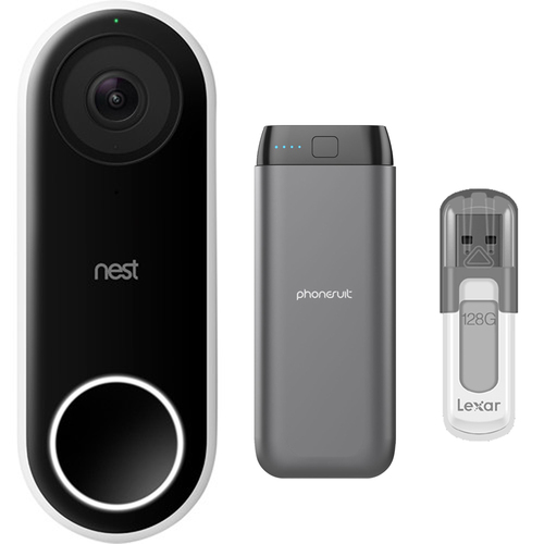 Google Nest Hello Smart Wi-Fi Video Doorbell (NC5100US) w/PhoneSuit Power Bank & Flash Drive