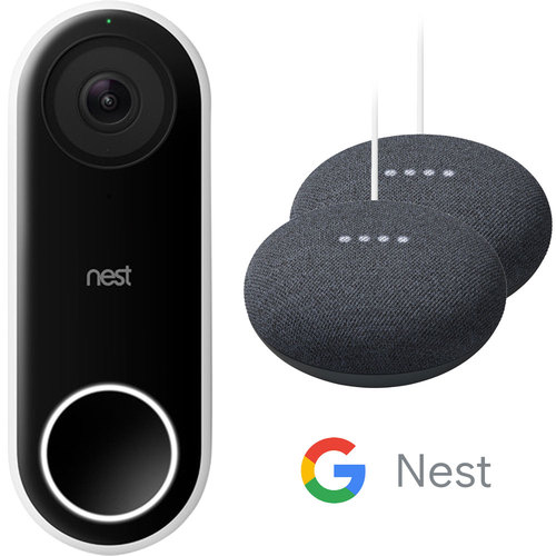 Google Nest Hello Smart Wi-Fi Video Doorbell + 2-Pack Nest Mini Speakers (Charcoal)