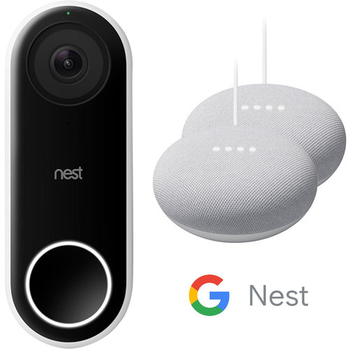 Google Nest Hello Smart Wi-Fi Video Doorbell + 2-Pack Nest Mini Speakers (Chalk)