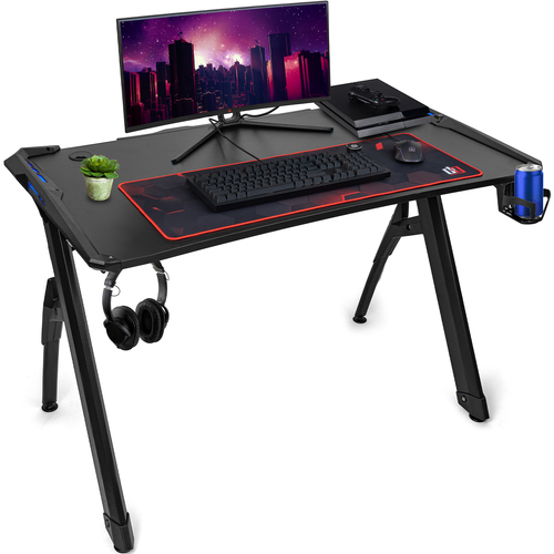 Deco Gear 47` LED Gaming Desk, Carbon Fiber Surface, Cable Management, Headphone Hook