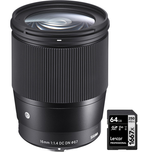 Sigma 16mm F1.4 Contemporary DC DN Lens for Canon M-Mount with 64GB Memory Card