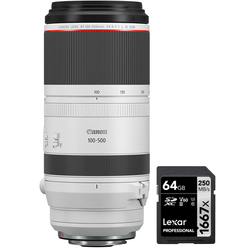 Canon RF 100-500mm f/4.5-7.1 L IS USM Full Frame Lens for RF Mount + 64GB Card
