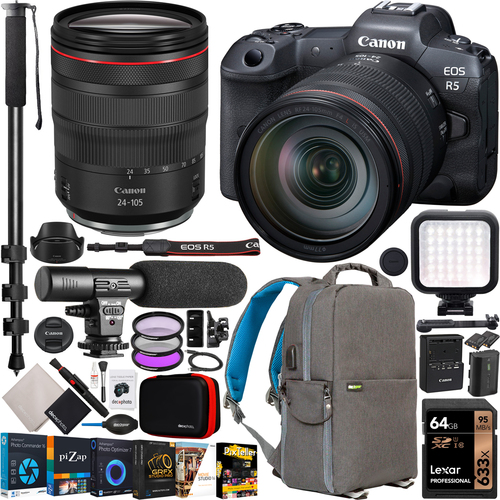 Canon EOS R5 Full Frame Mirrorless Camera w/ 8K + 24-105mm F4 L IS USM Lens Kit Bundle