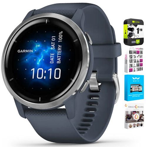Garmin Venu 2 Fitness Smartwatch Silver Bezel with Blue Band + Warranty Bundle