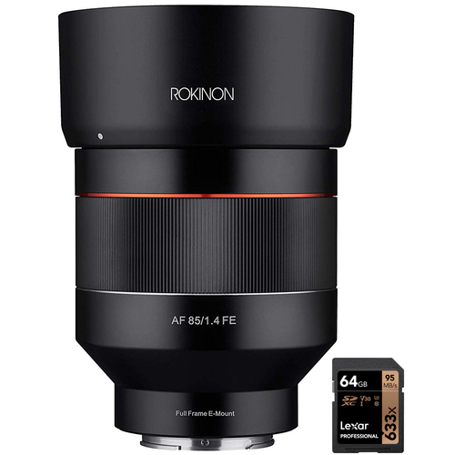 Rokinon 85mm F1.4 Full Frame Telephoto Lens for Sony E + Lexar 64GB Memory Card