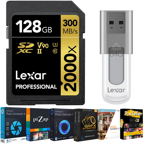 Lexar Pro 2000x SD UHS-II Memory Card 128GB + Editing Suite & 64GB Flash Drive