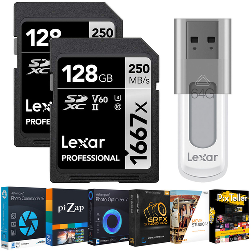 Lexar 128GB 1667x UHS-II SDXC Memory Card 2-Pack+Editing Suite & 64GB Drive