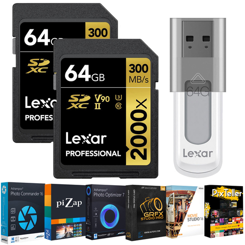 Lexar Professional 2000x 64GB SDXC Memory Card 2-Pack+Editing Suite & 64GB Drive