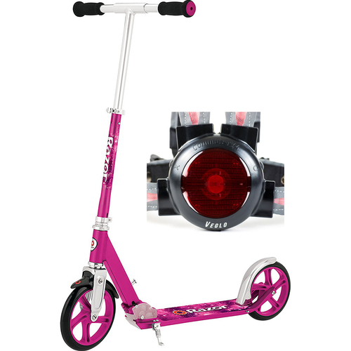 Razor A5 Lux Kick Scooter Pink with Veglo Commuter X4 Wearable Rear Light System