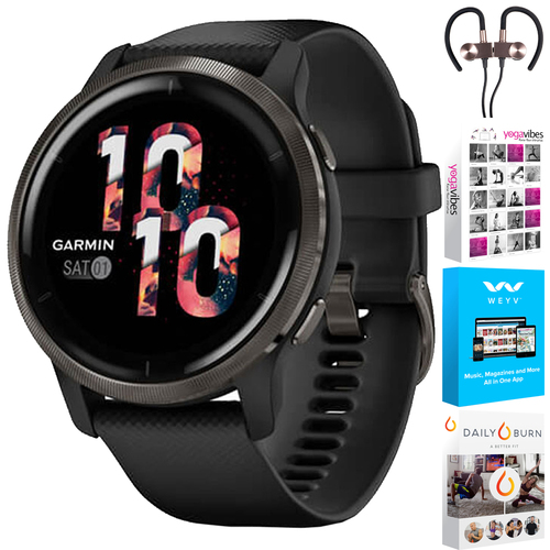 Garmin Venu 2 Fitness Smartwatch - Slate Bezel + Earbuds + Fitness Bundle