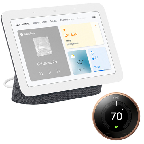 Google Nest Hub Display w/ Google Assistant, Charcoal (2nd Gen) + Learning Thermostat Copper