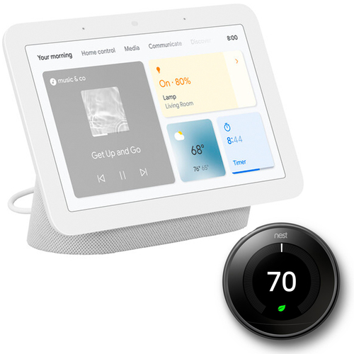 Google Nest Hub Display w/ Google Assistant, Chalk (2nd Gen) + Learning Thermostat Black