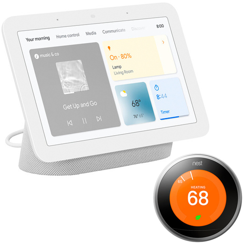 Google Nest Hub Display w/ Google Assistant, Chalk 2nd Gen +Learning Thermostat Stainless