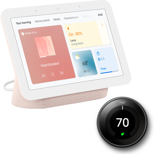 Google Nest Hub Display w/ Google Assistant, Sand (2nd Gen) + Learning Thermostat Black