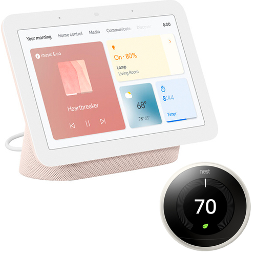 Google Nest Hub Display w/ Google Assistant, Sand (2nd Gen) + Learning Thermostat White