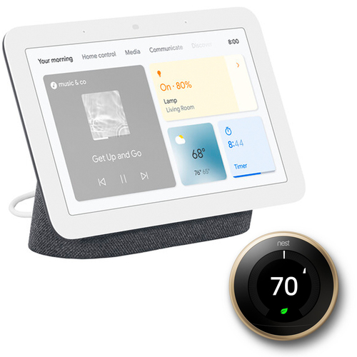 Google Nest Hub Display w/ Google Assistant, Charcoal (2nd Gen) + Learning Thermostat Brass