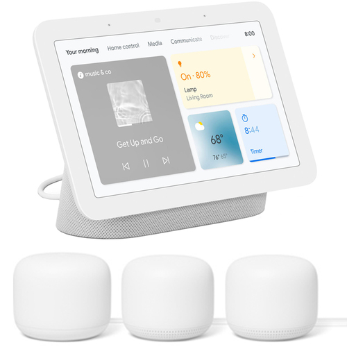 Google Nest Hub Smart Display with Assistant Chalk 2nd Gen + Router 2 Pack Snow