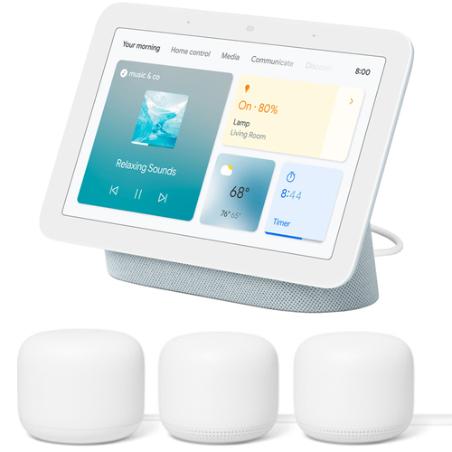 Google Nest Hub Smart Display with Assistant Mist 2nd Gen + Router 2 Pack Snow