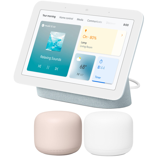 Google Nest Hub Smart Display with Assistant Mist 2nd Gen + Router 2 Pack Sand
