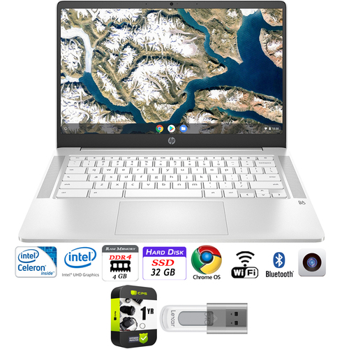 Hewlett Packard 14a-na0010nr 14` HD Intel N4000 4/32GB SSD Chromebook Laptop +64GB Warranty Pack