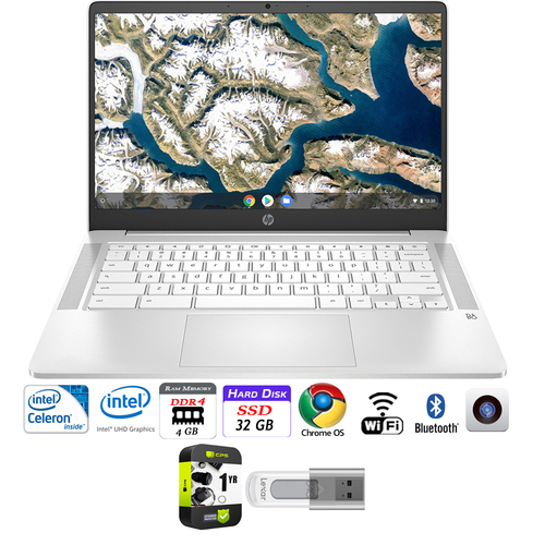 Hewlett Packard 14a-na0020nr 14` HD Intel N4000 4/32GB SSD Chromebook Laptop +64GB Warranty Pack
