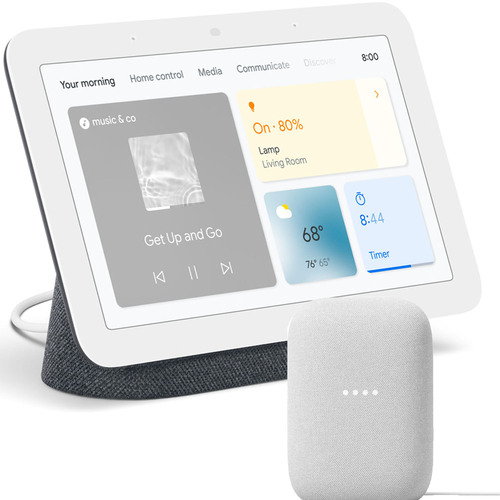 Google Nest Hub Smart Display in Charcoal with Nest Audio Smart Speaker in Chalk