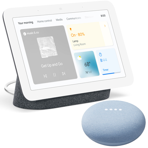 Google Nest Hub Smart Display in Charcoal (2nd Gen) with Mini Smart Speaker in Sky (2nd Gen)