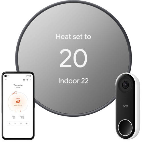 Google Nest Programmable Smart Thermostat, Charcoal + Google Nest Hello Smart Video Doorbell
