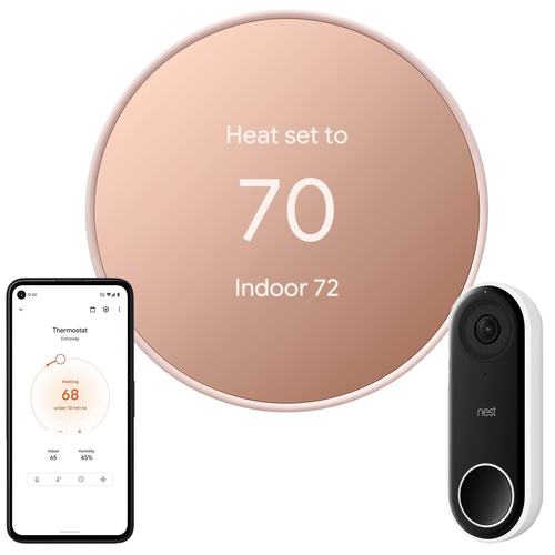 Google Nest Programmable Smart Wi-Fi Thermostat in Sand + Nest Hello Smart Video Doorbell