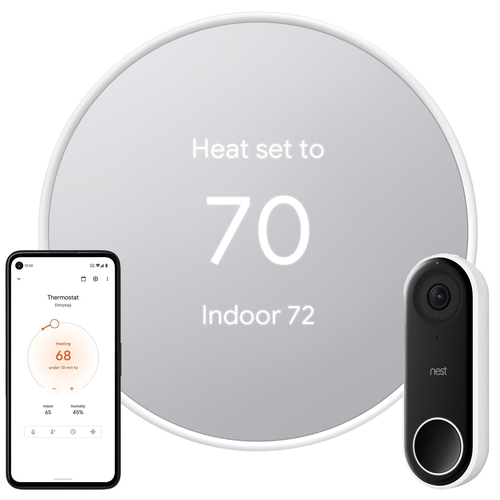 Google Nest Programmable Smart Wi-Fi Thermostat in Snow + Nest Hello Video Smart Doorbell
