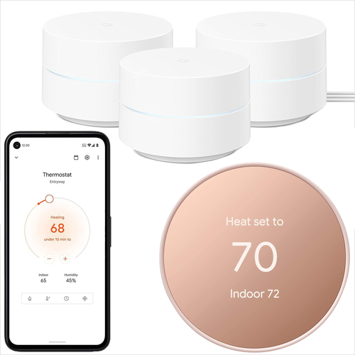 Google Wifi Mesh Network System Router 3-pack + Programmable Smart Thermostat in Sand
