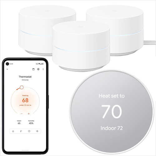 Google Wifi Mesh Network System Router 3-pack + Programmable Smart Thermostat in Snow