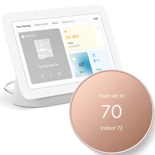 Google Nest Hub 2nd Generation Smart Display in Chalk + Nest Smart Thermostat in Sand