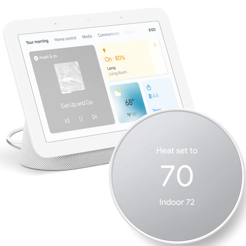 Google Nest Hub 2nd Generation Smart Display in Chalk + Nest Smart Thermostat in Snow