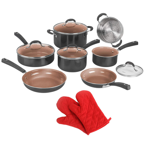 Cuisinart 11pc Ceramica XT Non-Stick Cookware Set + Heat Resistant Oven Mitt Red