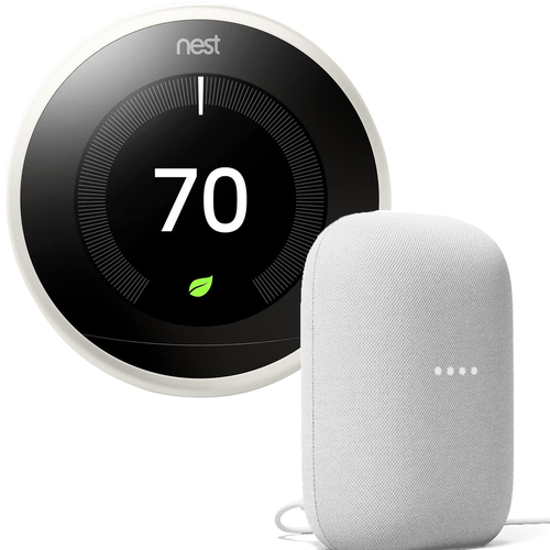 Google Nest 3rd Generation Learning Thermostat in White + Nest Audio Smart Speaker in Chalk