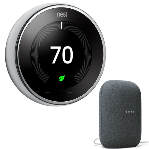 Google Nest 3rd Gen Learning Thermostat (Steel) T3019US + Audio Smart Speaker Charcoal