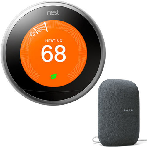 Google Nest 3rd Gen Learning Thermostat (St. Steel) T3007ES + Audio Smart Speaker Charcoal