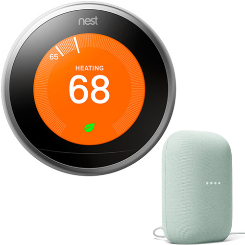 Google Nest 3rd Gen Learning Thermostat (Stainless Steel) T3007ES + Audio Smart Speaker Sage