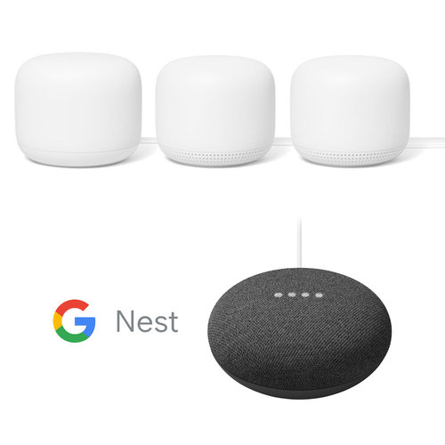 Google Nest Wifi Router and Access Point 2-Pack (Snow) Bundle with Mini Smart Speaker