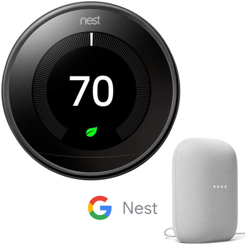 Google Nest 3rd Gen Learning Thermostat (Black) T3018US Bundle with Smart Speaker (Chalk)