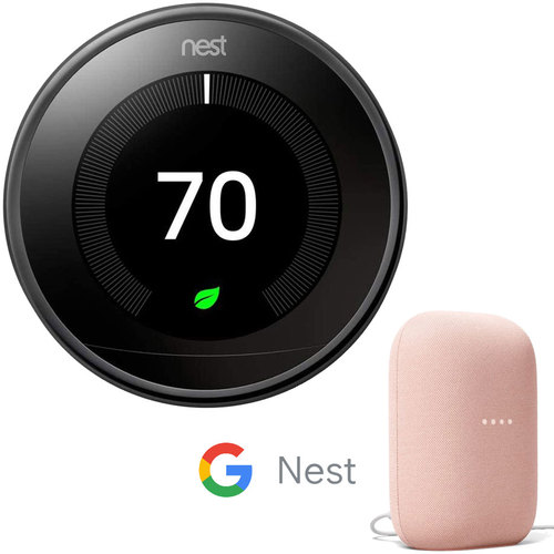 Google Nest 3rd Gen Learning Thermostat (Black) T3018US Bundle with Smart Speaker (Sand)