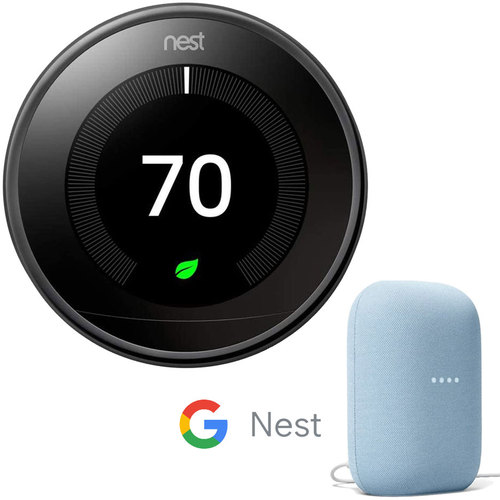 Google Nest 3rd Gen Learning Thermostat (Black) T3018US Bundle with Smart Speaker (Sky)