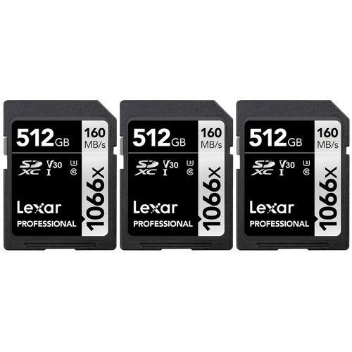 Lexar 512GB Professional 1066x UHS-I SDXC Memory Card, Silver Series (3-Pack)