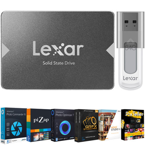 Lexar NS100 256GB 2.5` SATA III SSD External Memory +Editing Suite & 64GB Flash Drive