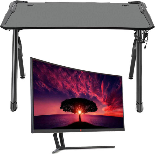 Deco Gear 47` LED Gaming Desk, Carbon Fiber Surface with 35` Curved Gaming Monitor Bundle